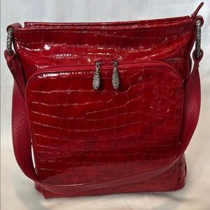 Brighton Red Sonny Croc-Embossed Patent Leather Shoulder Bag